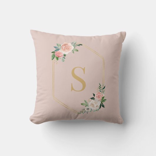 Elegant roze Floral Gold Script Monogramed Kussen (Voorkant)
