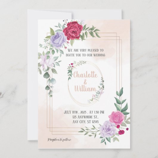 Elegant roze Floral Golden Wedding Invitation Kaart (Voorkant)