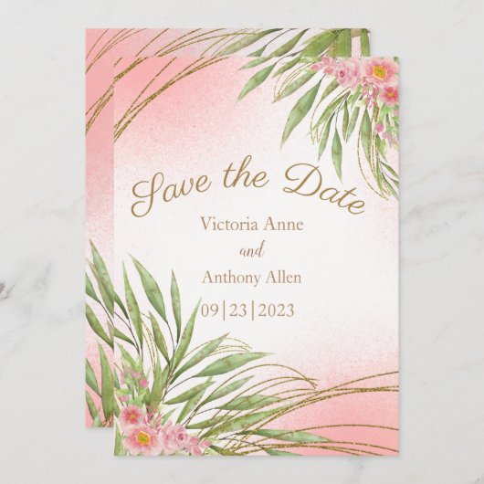 Elegant roze Floral Greenery Waterverf Modern Save The Date (Voorkant / Achterkant)