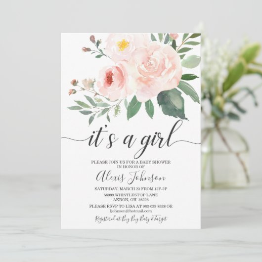 Elegant roze Floral Het is een meisje Baby shower Kaart (Staand voorkant)