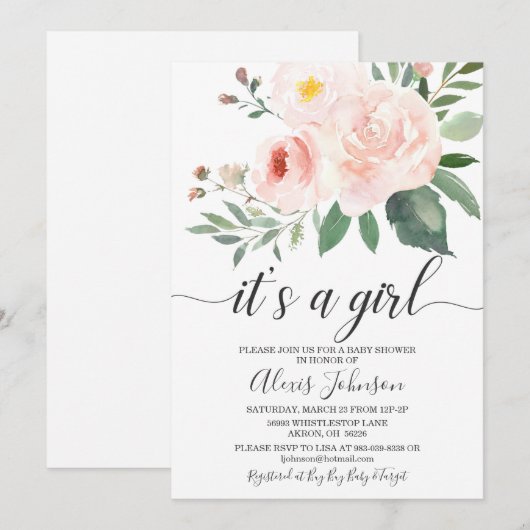 Elegant roze Floral Het is een meisje Baby shower Kaart (Voorkant / Achterkant)