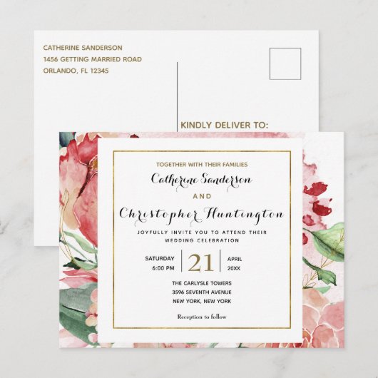 Elegant roze Floral in één weddenschap Briefkaart (Voorkant / Achterkant)
