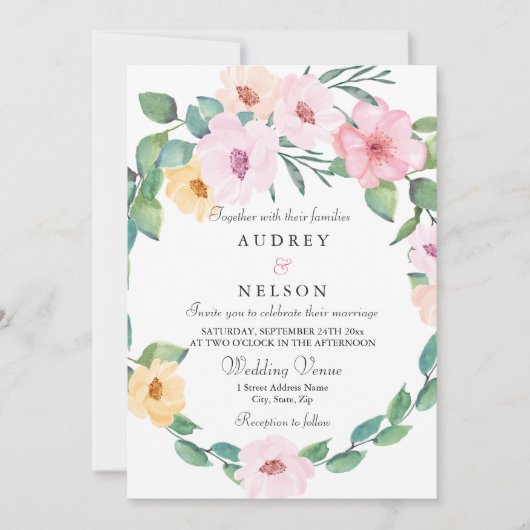 Elegant Roze Floral Leaf Wreath Wedding Kaart (Voorkant)