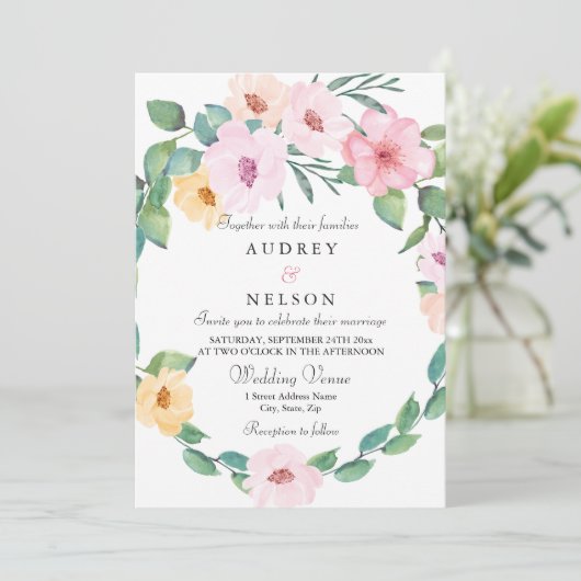 Elegant Roze Floral Leaf Wreath Wedding Kaart (Staand voorkant)