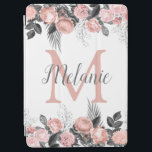 Elegant Roze Floral Monogram iPad Air Cover<br><div class="desc">roze florale monogram bedekking met een klassieke witte achtergrond,  een assortiment van roze bloemen,  grijze folaige met een gemakkelijk te personaliseren monogram sjabloon. Alle doopvontstijlen,  grootte en kleuren kunnen worden veranderd door op de pas verdere verbinding na het personaliseren te klikken.</div>