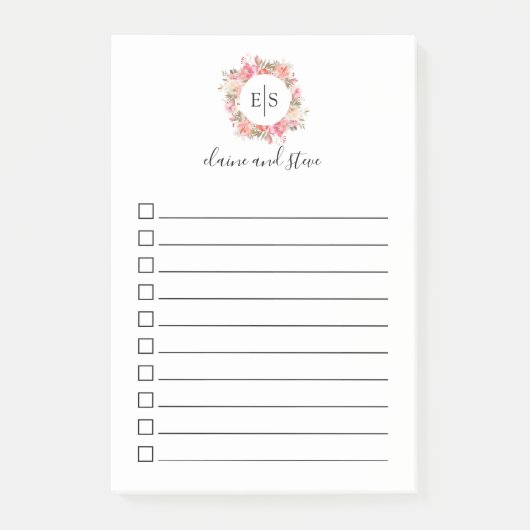 Elegant roze Floral Monogram om lijst te doen Post-it® Notes (Voorkant)