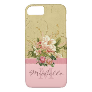 Elegant  Roze Floral Roos Monogram Naam Case-Mate iPhone Case