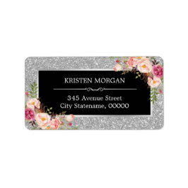 Elegant roze Floral Silver Gray Glam Glitter Etiket