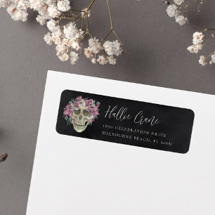 Elegant roze Floral Skull Halloween Return Address Etiket