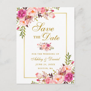 Elegant roze Floral sla de datum Gold op Aankondigingskaart