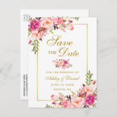 Elegant roze Floral sla de datum Gold op Aankondigingskaart (Voorkant / Achterkant)