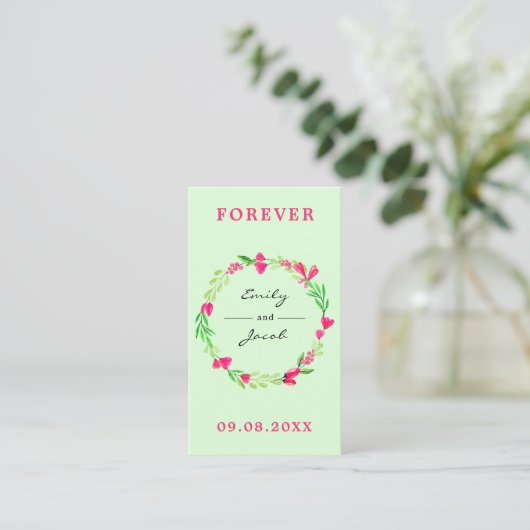 Elegant roze Floral Wreater Bleek Green Wed Regist Informatiekaartje (Staand voorkant)