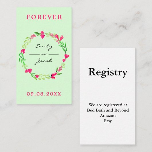 Elegant roze Floral Wreater Bleek Green Wed Regist Informatiekaartje (Voorkant / Achterkant)