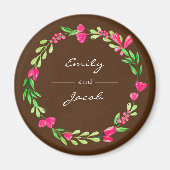 Elegant roze Floral Wreath Brown Naam van paar Magneet (Voorkant)