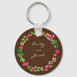 Elegant roze Floral Wreath Brown Naam van paar Sleutelhanger