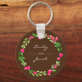 Elegant roze Floral Wreath Brown Naam van paar Sleutelhanger (Voorkant)
