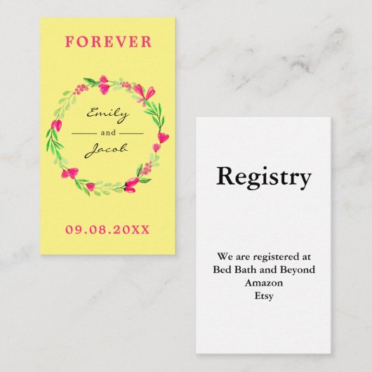 Elegant roze Floral Wreath LT Yellow Wed Registry Informatiekaartje (Voorkant / Achterkant)