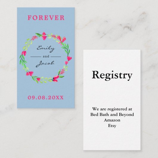 Elegant roze Floral Wreatlight Blue Wed Registry Informatiekaartje (Voorkant / Achterkant)