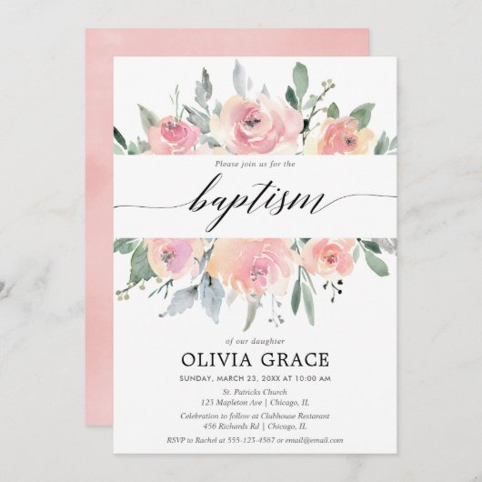 Elegant roze florale waterverf meisje baptisme kaart (Voorkant / Achterkant)