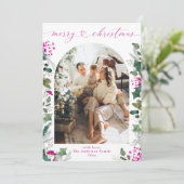 Elegant Roze Foliage Foto Merry Christmas Kaart (Staand voorkant)