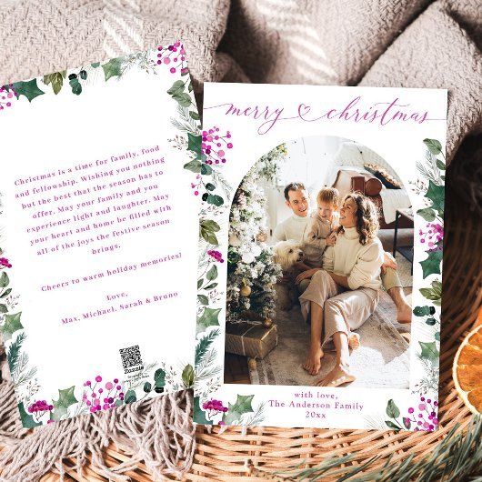 Elegant Roze Foliage Foto Merry Christmas Kaart