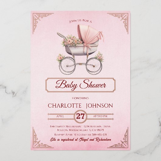 Elegant Roze  Folie Baby shower Uitnodiging (Voorkant)