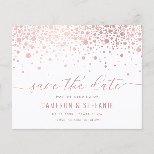 Elegant roze Folie Confetti White Save the Date (Voorkant)