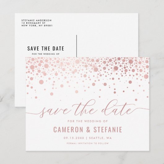 Elegant roze Folie Confetti White Save the Date Briefkaart (Voorkant / Achterkant)