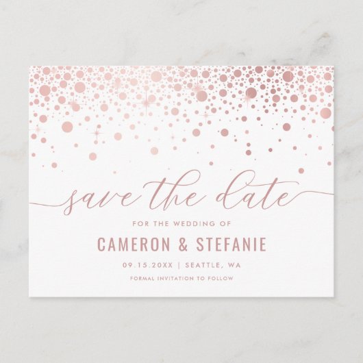 Elegant roze Folie Confetti White Save the Date Briefkaart (Voorkant)