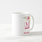 Elegant Roze Geel Custom Name Floral Monogram Koffiemok (Voorkant rechts)