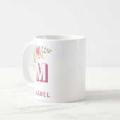 Elegant Roze Geel Custom Name Floral Monogram Koffiemok (Voorkant links)
