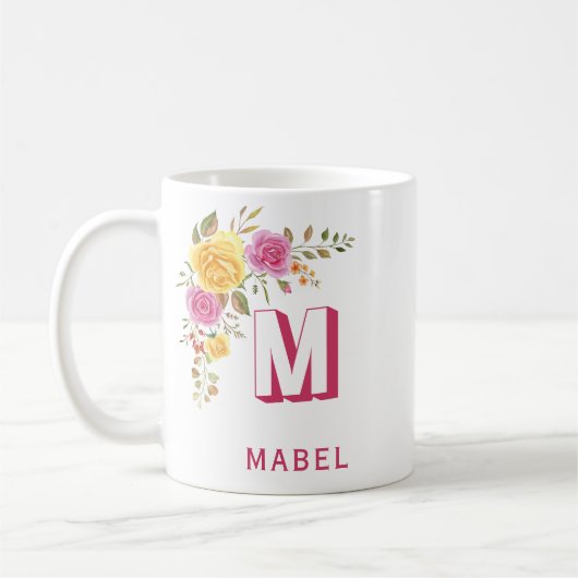 Elegant Roze Geel Custom Name Floral Monogram Koffiemok (Links)
