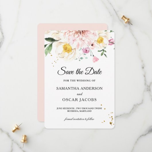 Elegant Roze & Gele Aquarel Bloemen Save The Date (Voorkant / Achterkant in situ)