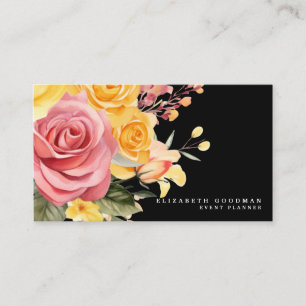 Elegant Roze Gele Bloemen Zwarte Visitekaartjes