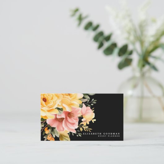 Elegant Roze Gele Bloemen Zwarte Visitekaartjes (Staand voorkant)