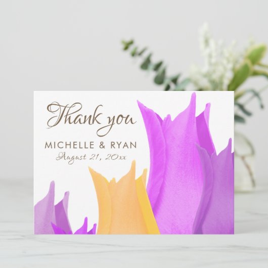 Elegant roze gele Tulp bloem bruiloft Bedankkaart (Staand voorkant)