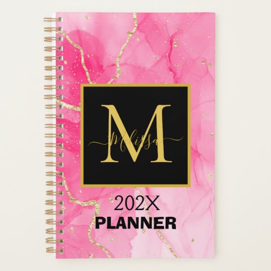 Elegant roze gemarmerd zwart monogram planner (Voorkant)