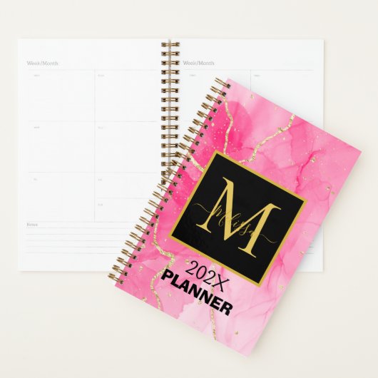 Elegant roze gemarmerd zwart monogram planner (Display)