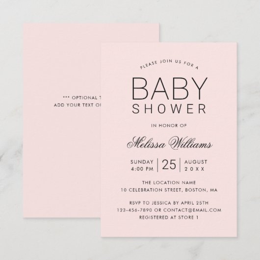 Elegant roze, gewoon modern Baby shower Kaart (Voorkant / Achterkant)