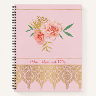 Elegant roze Girly Floral Roos en gouden boeket Notitieboek
