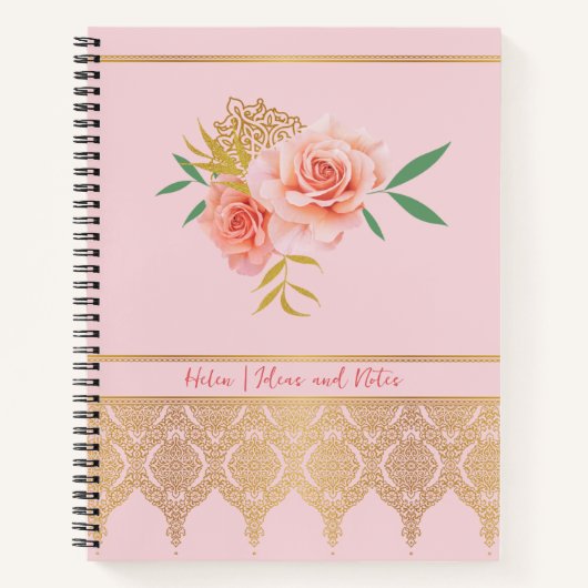 Elegant roze Girly Floral Roos en gouden boeket Notitieboek (Voorkant)
