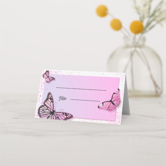 Elegant roze glitter Butterfly Wedding Plaatskaartje (Voorkant)