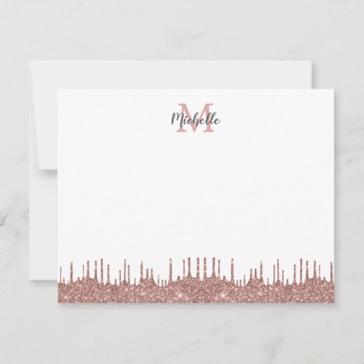 Elegant Roze Glitter Drips Name Monogramed Notitiekaartje (Voorkant)