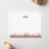 Elegant Roze Glitter Drips Name Monogramed Notitiekaartje (Voorkant / Achterkant in situ)