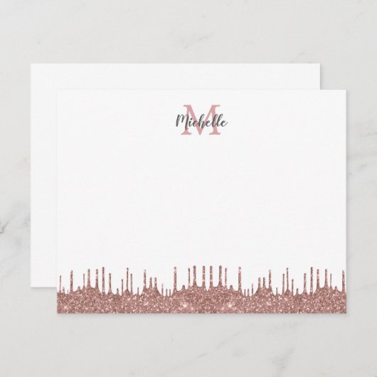Elegant Roze Glitter Drips Name Monogramed Notitiekaartje (Voorkant / Achterkant)