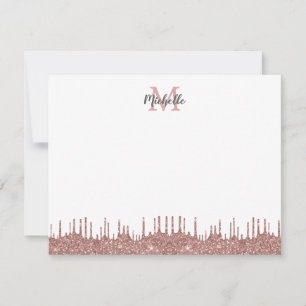 Elegant Roze Glitter Drips Name Monogramed Notitiekaartje