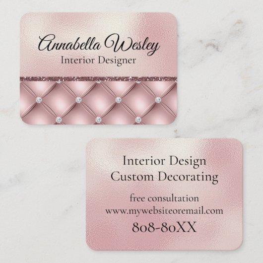 Elegant roze glitter en diamanten op parelolie visitekaartje (Voorkant / Achterkant)