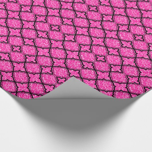 Elegant roze glitter & geometrisch zwart patroon cadeaupapier (Hoek)
