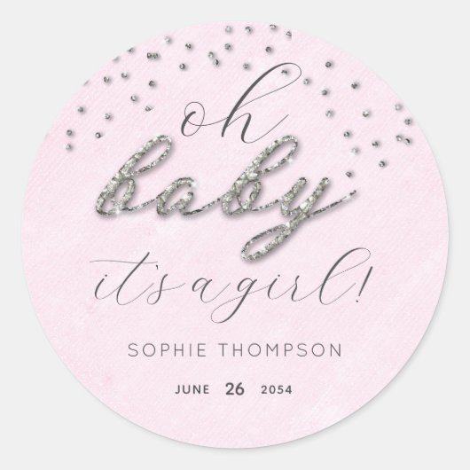 Elegant Roze Glitter Girl Baby shower Hartelijk da Ronde Sticker (Voorkant)