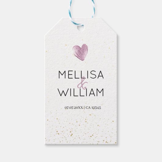 Elegant Roze Glitter Hart Custom Couple Naam Datum Cadeaulabel (Voorkant)